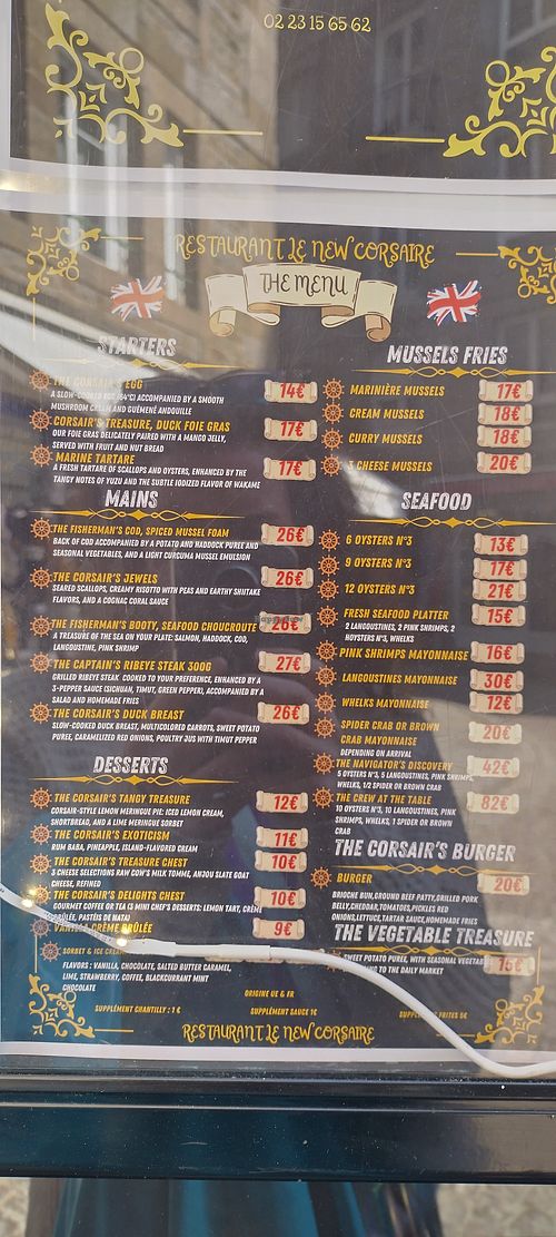 Menu as of April 2025 (doesn't appear to be any vegan options) at New Corsaire in Saint-malo
