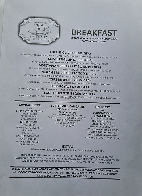 Breakfast menu at The Old Dairy Tearoom  in Alton