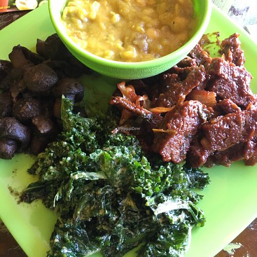 jerk mushrooms, curry, seitan BBQ, kale salad at Kale Cafe Vegan Kitchen in Daytona Beach