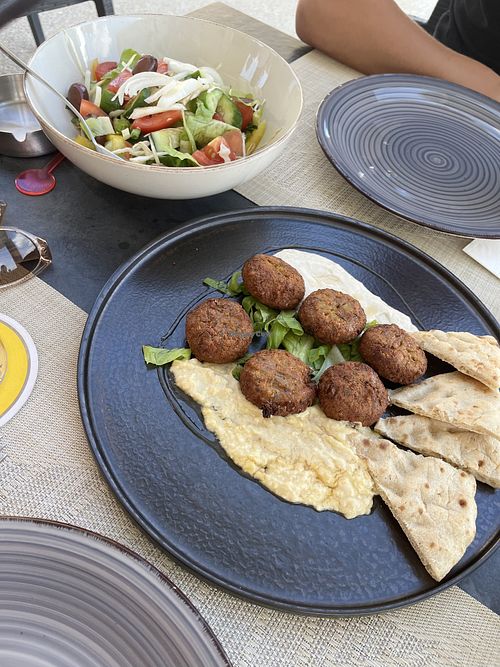 Falafel with pita bread and hummus. Salad without feta.  at Nautico in Paphos