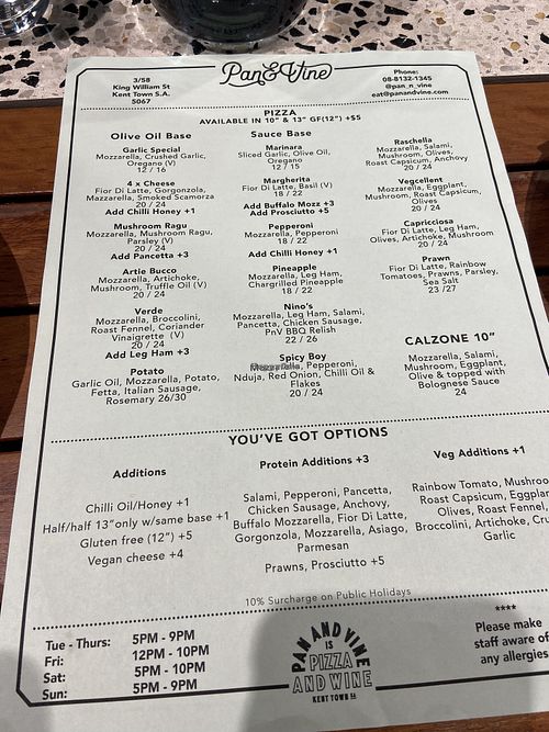 Menu  at Pan & Vine in Kent Town