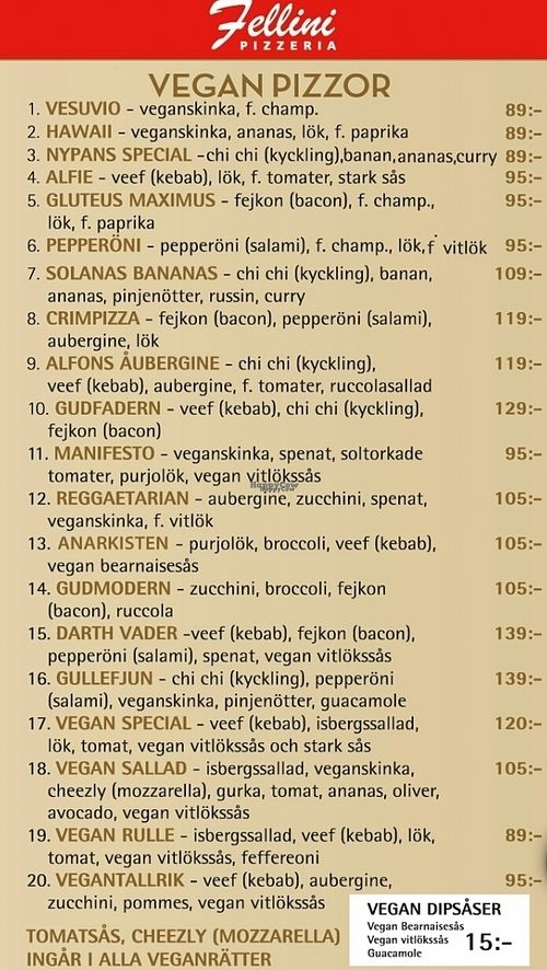 17 pizzas and 3 other dishes at Pizzeria Fellini in Stockholm