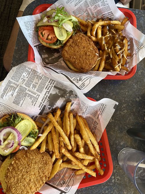 Pesto chick’n sandwich and sweet chili sandwich (swapped the sauce out for the vegan pesto sauce)   at Clifton Hill Family Restaurant in Niagara Falls