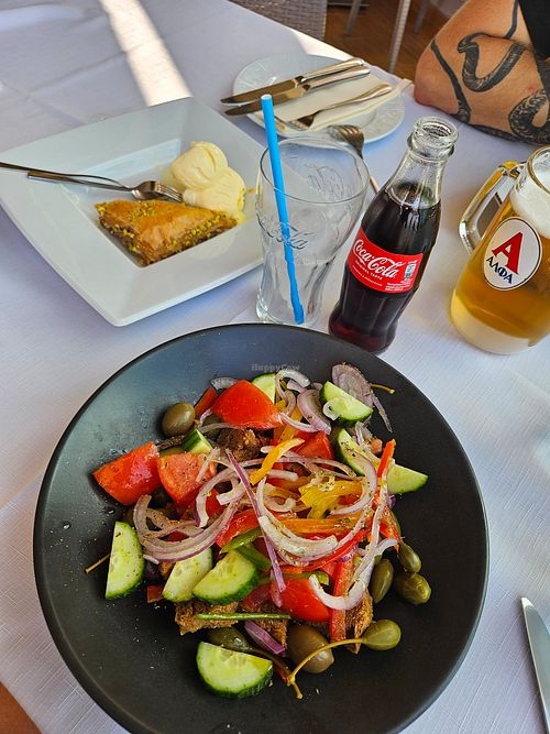 Vegan Greek salad and baklava at Lofaki Bar Restaurant in Kos