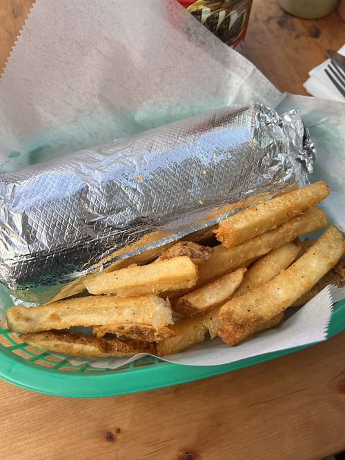 Vegan burrito and fries  at Underdogs Tres in San Francisco