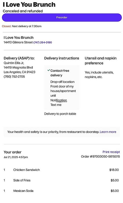 My first attempt for delivery (vegan items not labeled on receipt, only on the menu and app). at I Love U Brunch in Van Nuys