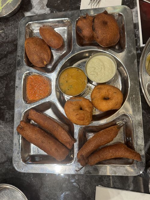 Bajji Platter - Chilli, Plantain, Onion & Potato Bajji and Medu Vada - All Vegan  at Saravana Bhavan in Mississauga