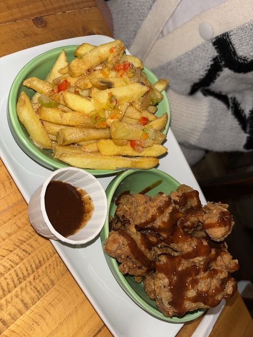 None fried chickn (mushroom) with salt n pepper chips  at Evoden in Manchester