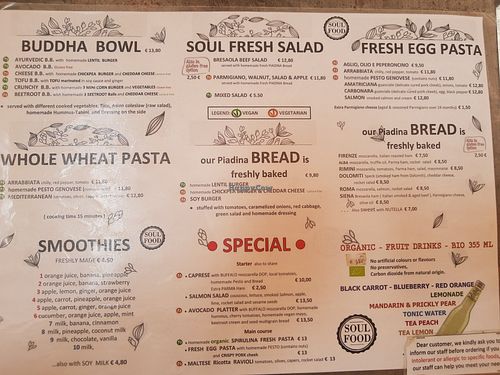 Menu at Soul Food in Valletta