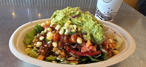 Vegan Sofritas Black beans and rice salad with Pico de Gallo corn relish hot sauce and guacamole. at Chipotle in Cheyenne