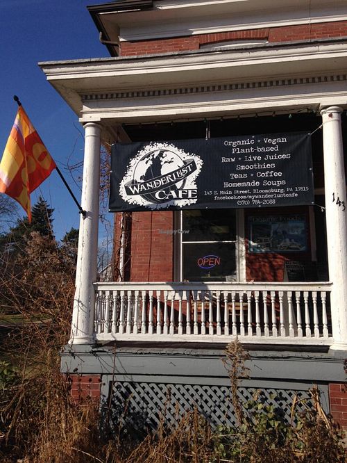 facade, establishment sign at Wanderlust Cafe in Bloomsburg