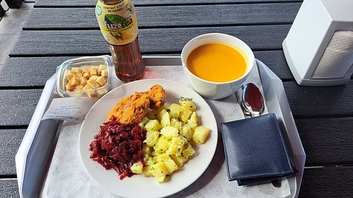 Carrot soup, soy Schnitzel with potates and beetroot salad. Just for 22 Lei. at Restaurant Alternativ in Sighetul Marmatiei