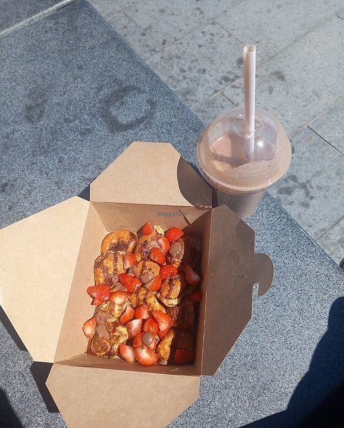 Chocolate and strawberry vegan pancakes at Nourish Take Out in Dundee