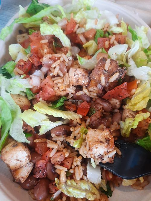 Closeup of burrito bowl with brown rice, tofu, pinto beans, and lettuce. at Moe's Southwest Grill in Monroeville