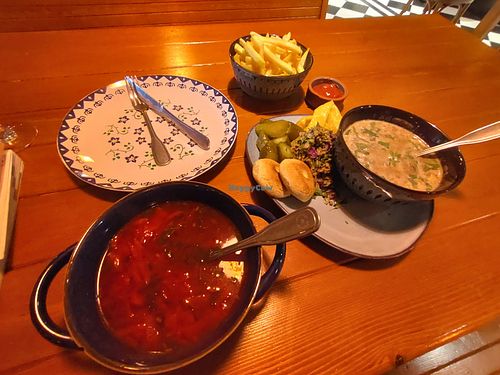 Borsch and mixed greens (beans soup &.pickles) at Sadguri in Borjomi
