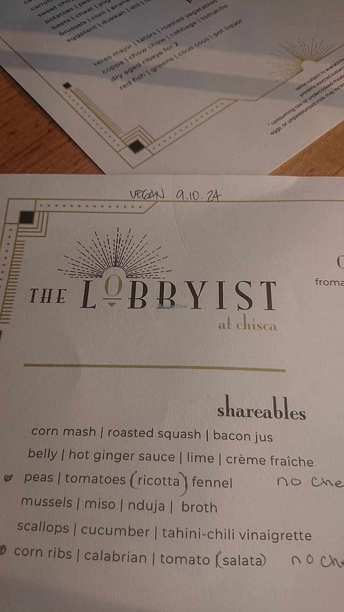 Vegan menu date. at The Lobbyist in Memphis