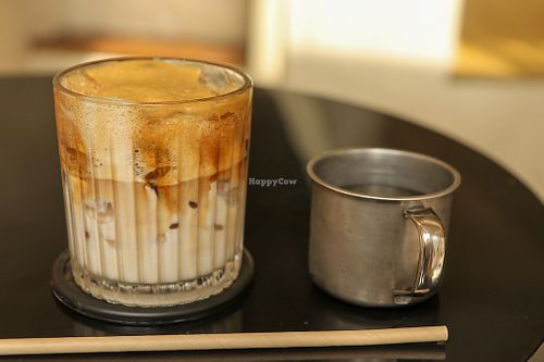 coffee with oat milk at Hikari Vegetarian Cafe Q1 in Ho Chi Minh City