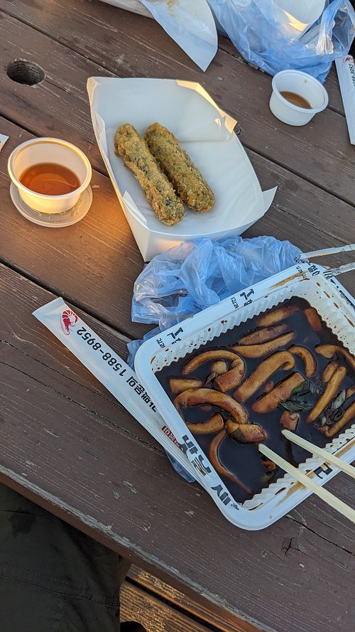 black bean tteobokki & kimmari at Sucheol's Deep Fried Jumbo Shrimps in Incheon