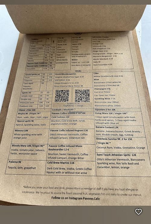 Menu at Pavone Cafe in Simi