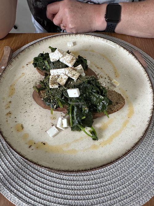 Spinach on toast with vegan feta   at Pavone Cafe in Simi