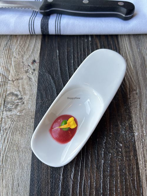 Accoutrement: citrus beet puree, fresh pea, edible flower   at Wren in Suttons Bay