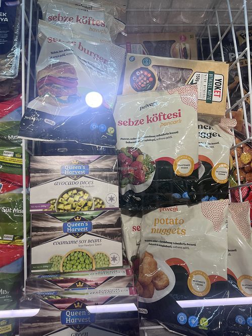 Freezer has vegan burgers etc next to the frozen vegetables.  at Macrocenter in Kas