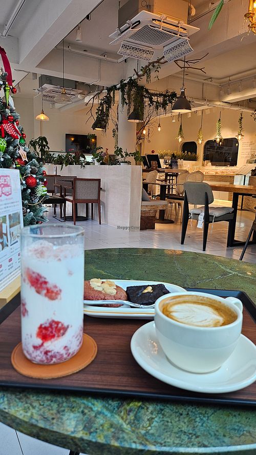 Vegan macadamia and marshmallow cookie, vegan brownie, and oatmilk latte. (The strawberry latte isn't vegan) at Olimp Cake & Dessert - 올림프케이크&디저트 in Busan