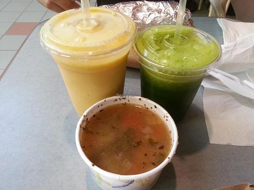Mango Lassi (veganized), Green Gene (without agave), Tomato Chickpea soup at Green Medley in Moorestown