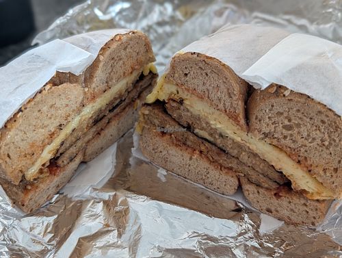 Vegan sausage, egg, and cheese with spk on a super whole wheat everything bagel. at Baron's Bagels in Brick