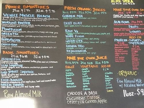 drink menu at LA Urban Nutrition Center in Santa Monica