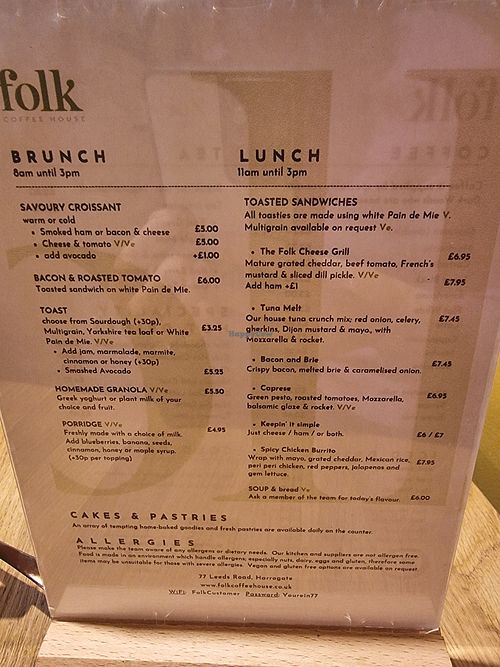 Menu with options for vegan at Folk Coffee House in Harrogate
