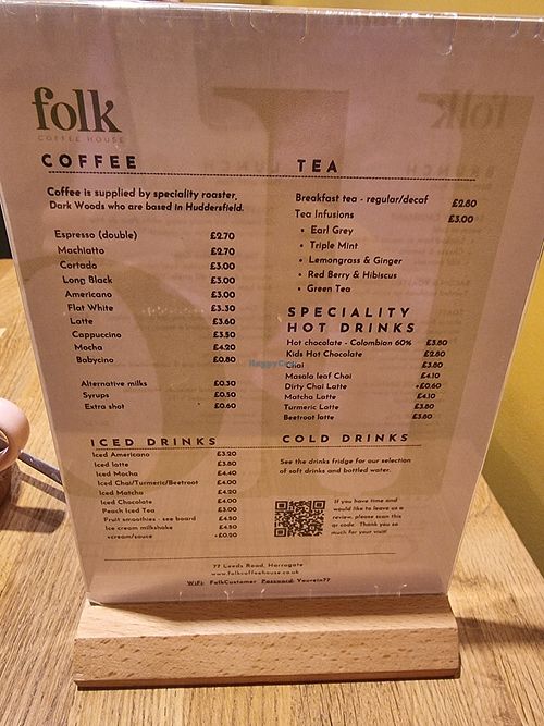 Drinks menu at Folk Coffee House in Harrogate