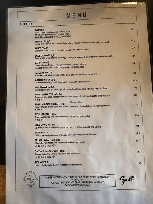 Menu food  at Swell Cafe in Jan Juc