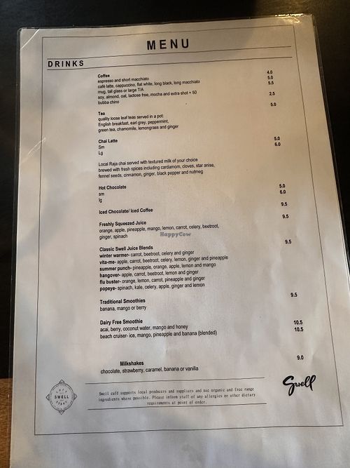 Menu drinks  at Swell Cafe in Jan Juc