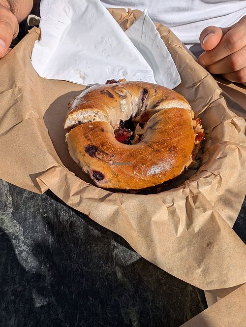 Blueberry Bagel with peanut butter and jelly. Yum. at hellosunshine! Bagel Bistro in Lake George