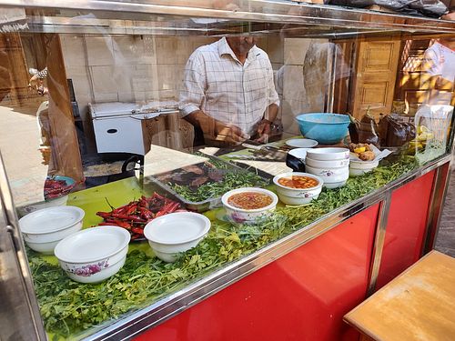 Some of the vegan options on display at Snack Ba Taib in Meknes