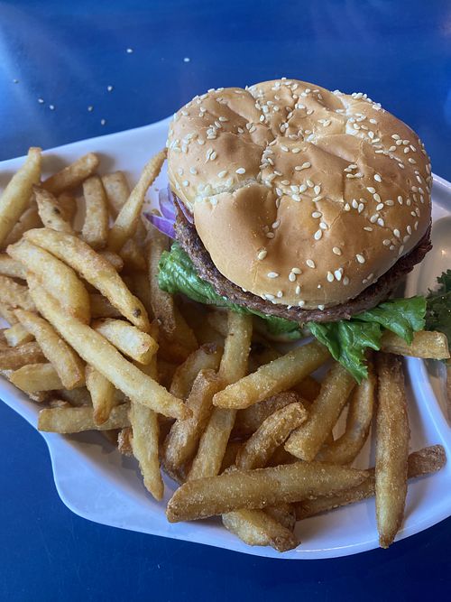 Beyond Burger - The only vegan optionn  at Mo's Seafood & Chowder in Cannon Beach