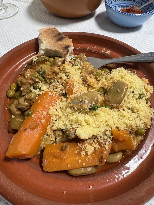 Vegan tajine with bread and couscouss  at La Kasbah   in Toulouse
