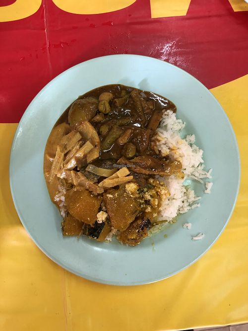 Rice plus 3 choices. Don’t know what the brown curry is, but it was delicious. Never seen it outside of Krabi. at Somkid Vegetarian in Krabi