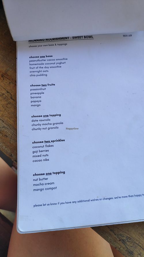 Menu at Meori in Arugam Bay
