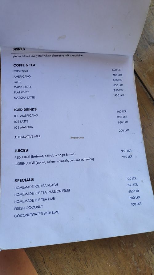 Menu at Meori in Arugam Bay