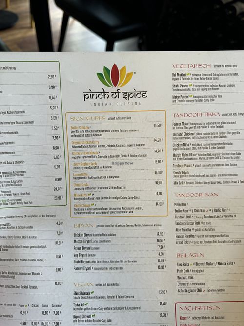 Die Karte von Pinch of Spice  at Pinch Of Spice in Fellbach