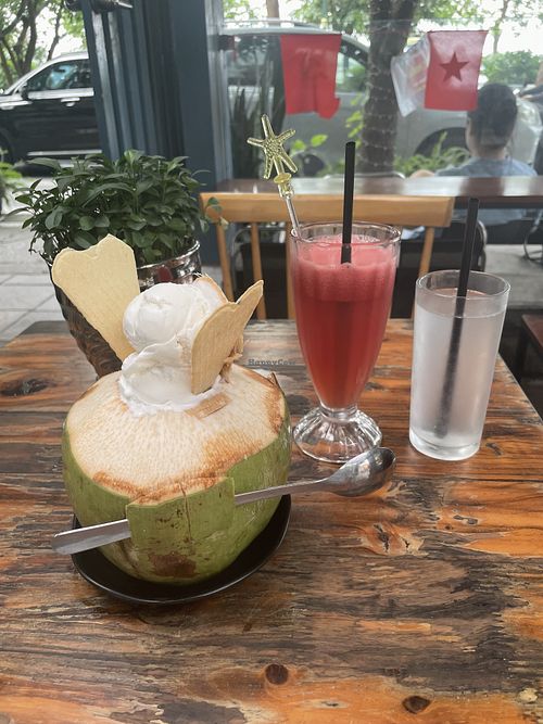 Coconut ice cream dessert, which included the water, and watermelon juice.  at Happy Cafe in Hanoi