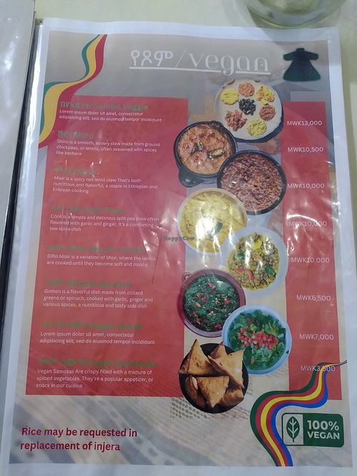 Vegan menu page one at Habesha Ethiopian and Eritrean Restaurant in Blantyre
