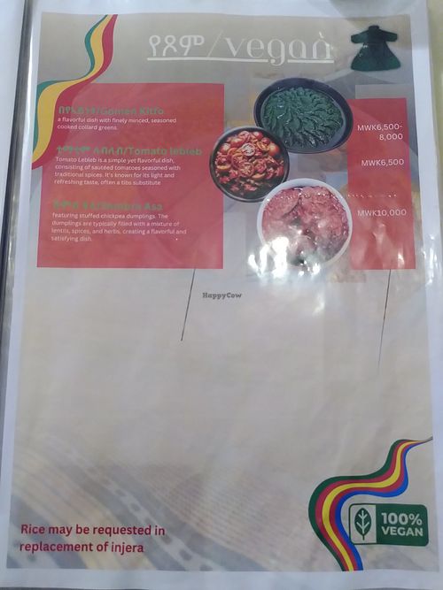 Vegan menu page 2 at Habesha Ethiopian and Eritrean Restaurant in Blantyre