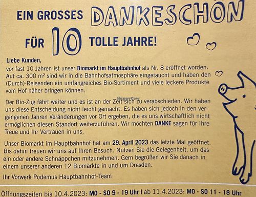 closes forever april 29, 2023 😭  at Vorwerk Podemus BioBahnhof in Dresden