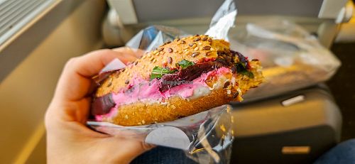 beetroot & cream "cheese" sandwich at BioPoint in Prague