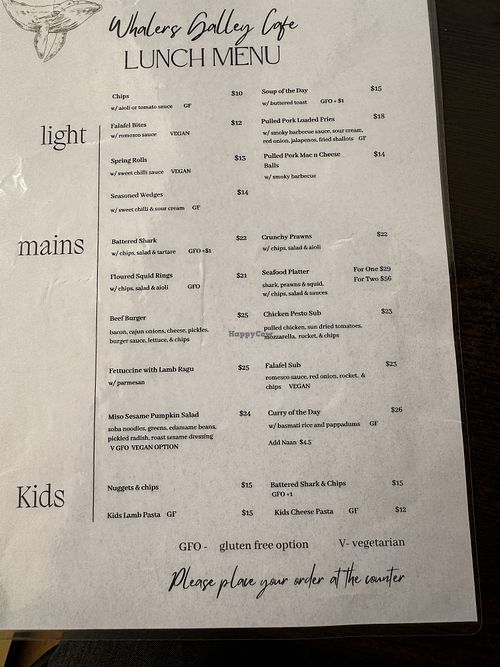 Menu  at Whalers Galley Cafe in Albany