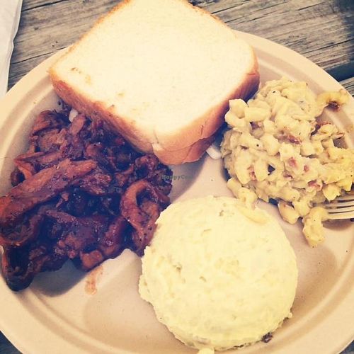 BBQ soy curls, potato salad, and mac-n-cheeze  at BBQ Revolution in Austin