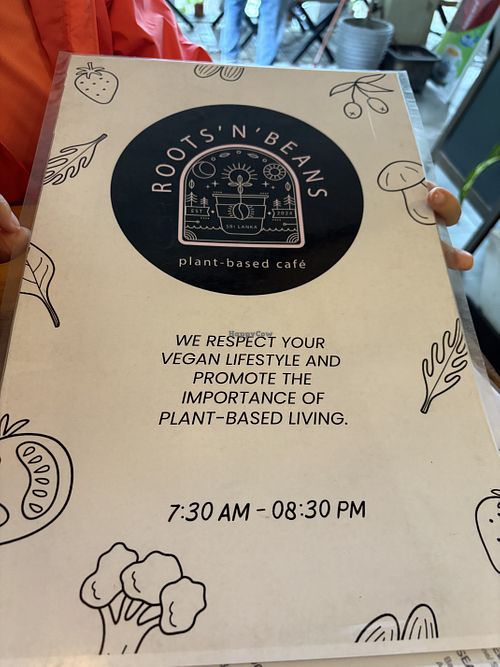 Back of menu  at Roots 'n' Beans in Kandy